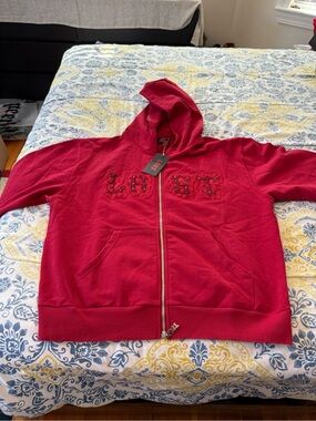 Lost Intricacy Red Rhinestones Men’s Fleece Zip Up Hoodie size XL